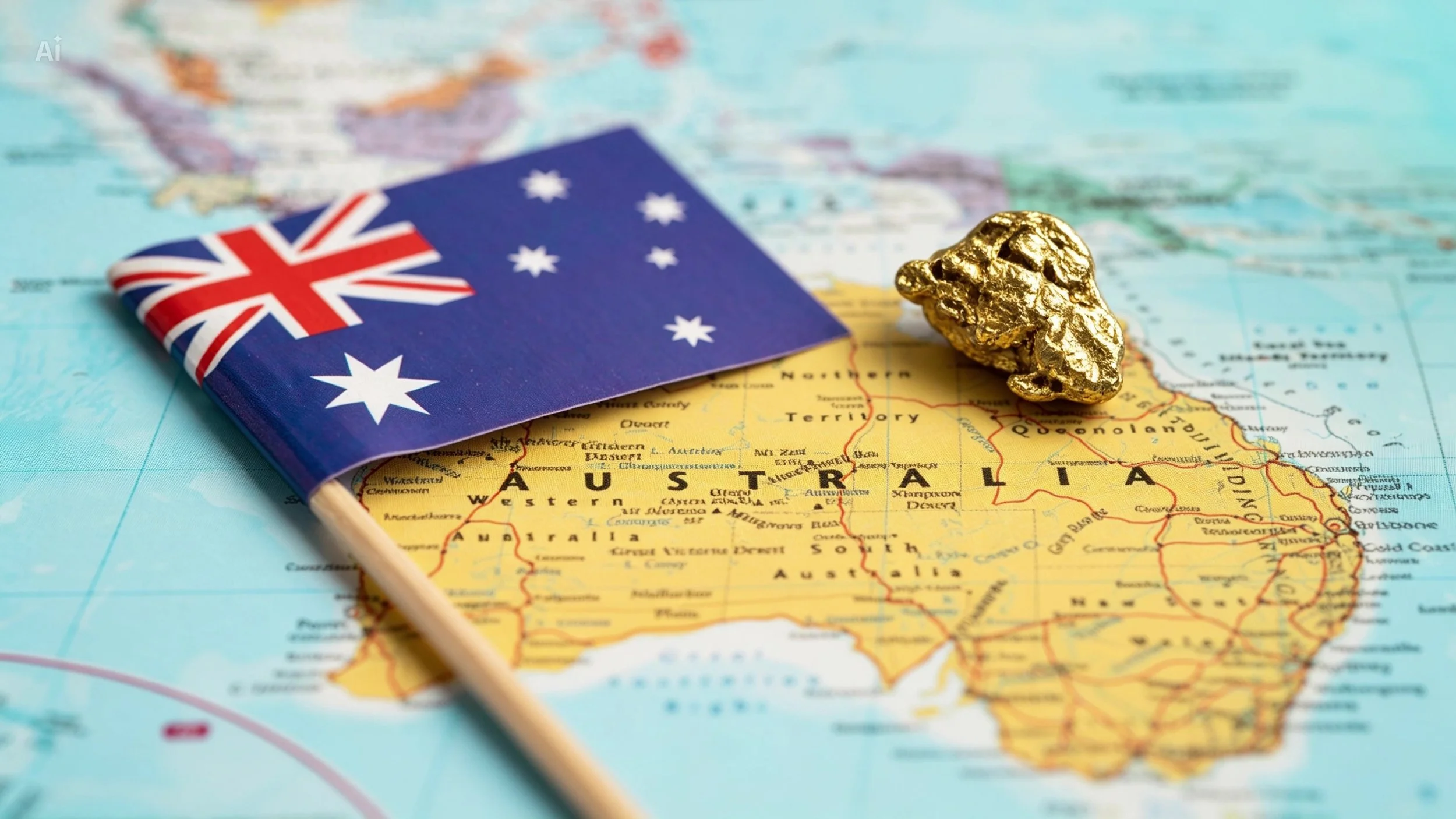 Australian gold nugget resting on a map of Australia