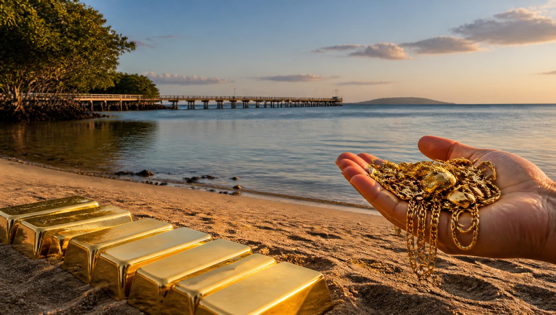 Gold bullion bars and gold jewellery on the sand at Wynnum foreshore, with the jetty and Moreton Bay at sunset
