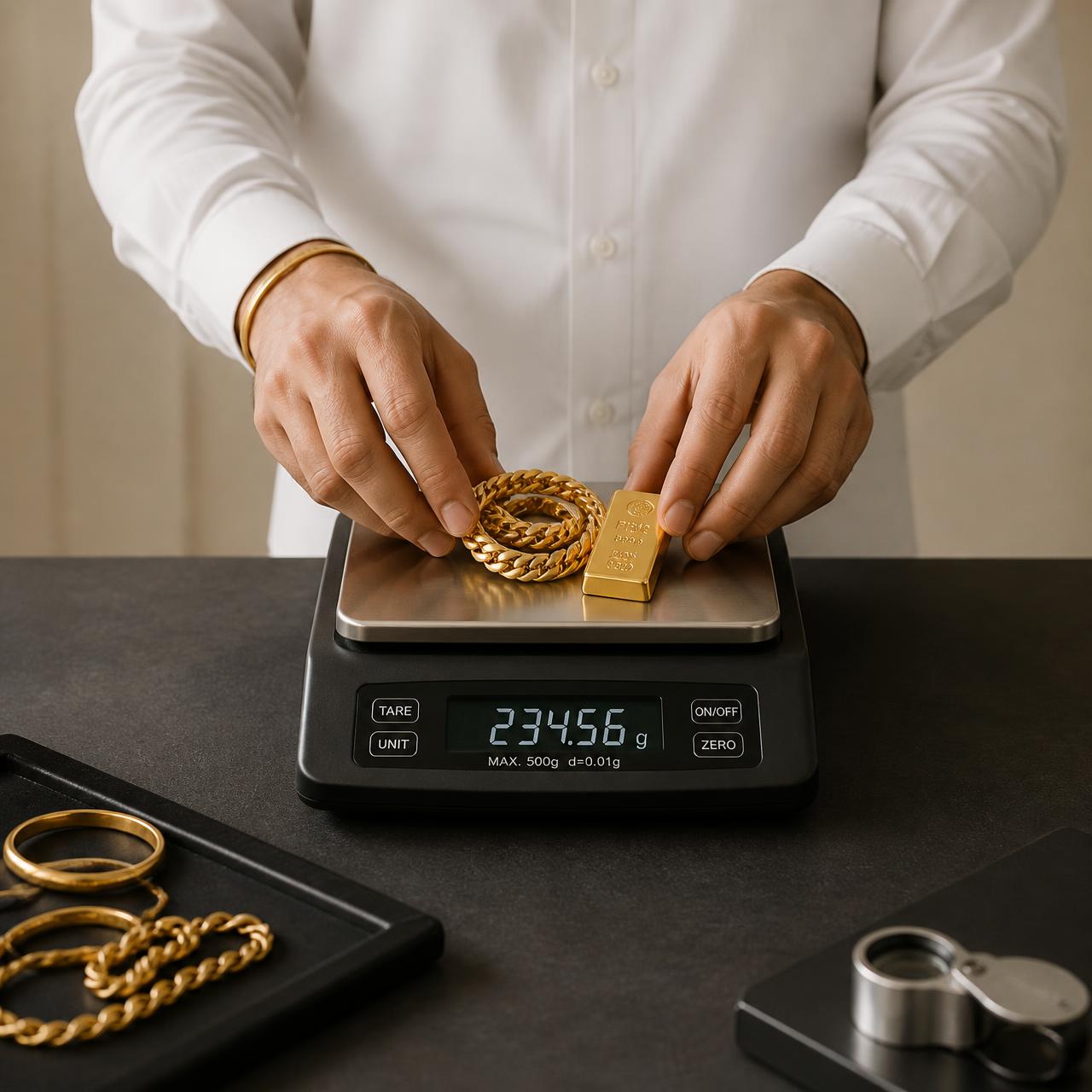 Jeweller weighing a gold chain and gold bar on a precision digital scale