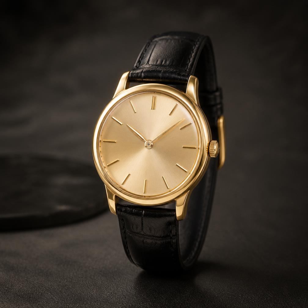 Vintage solid gold dress wristwatch on black leather strap