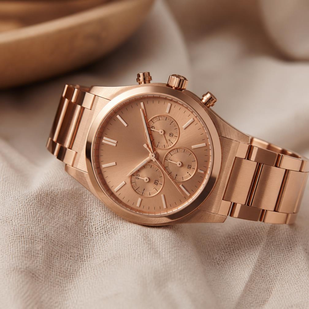 Rose gold chronograph wristwatch on linen