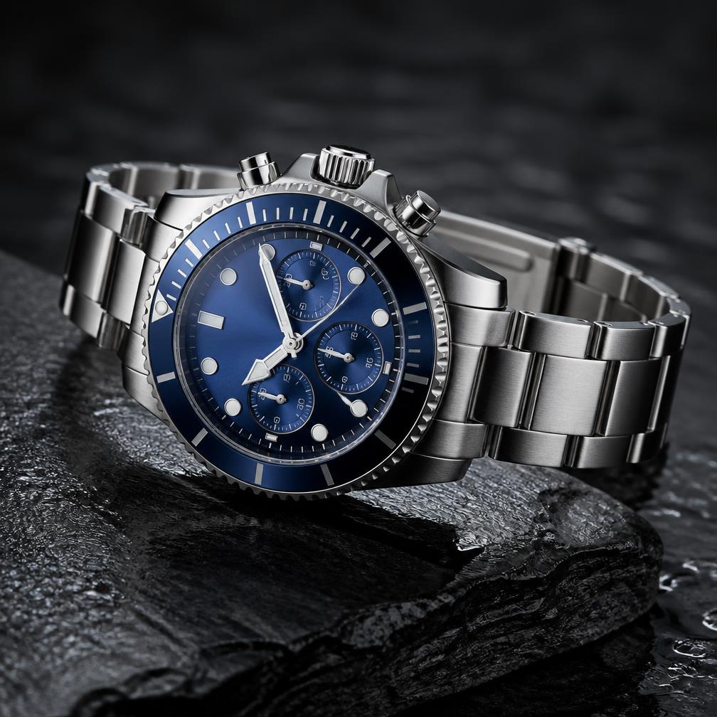 Stainless steel Swiss dive chronograph with blue dial
