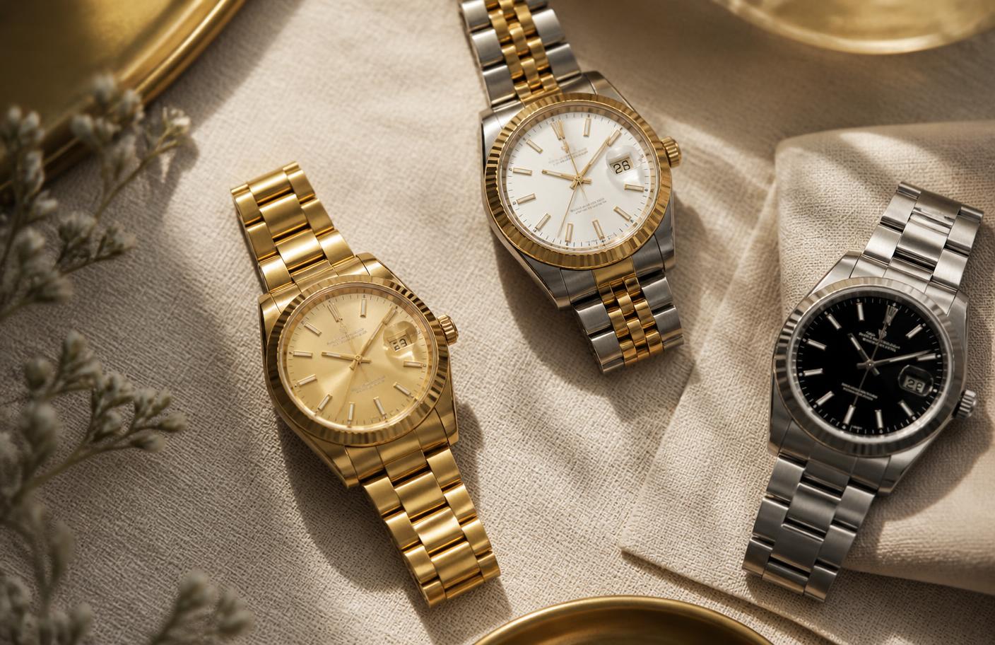 Luxury gold and steel wristwatches arranged on linen